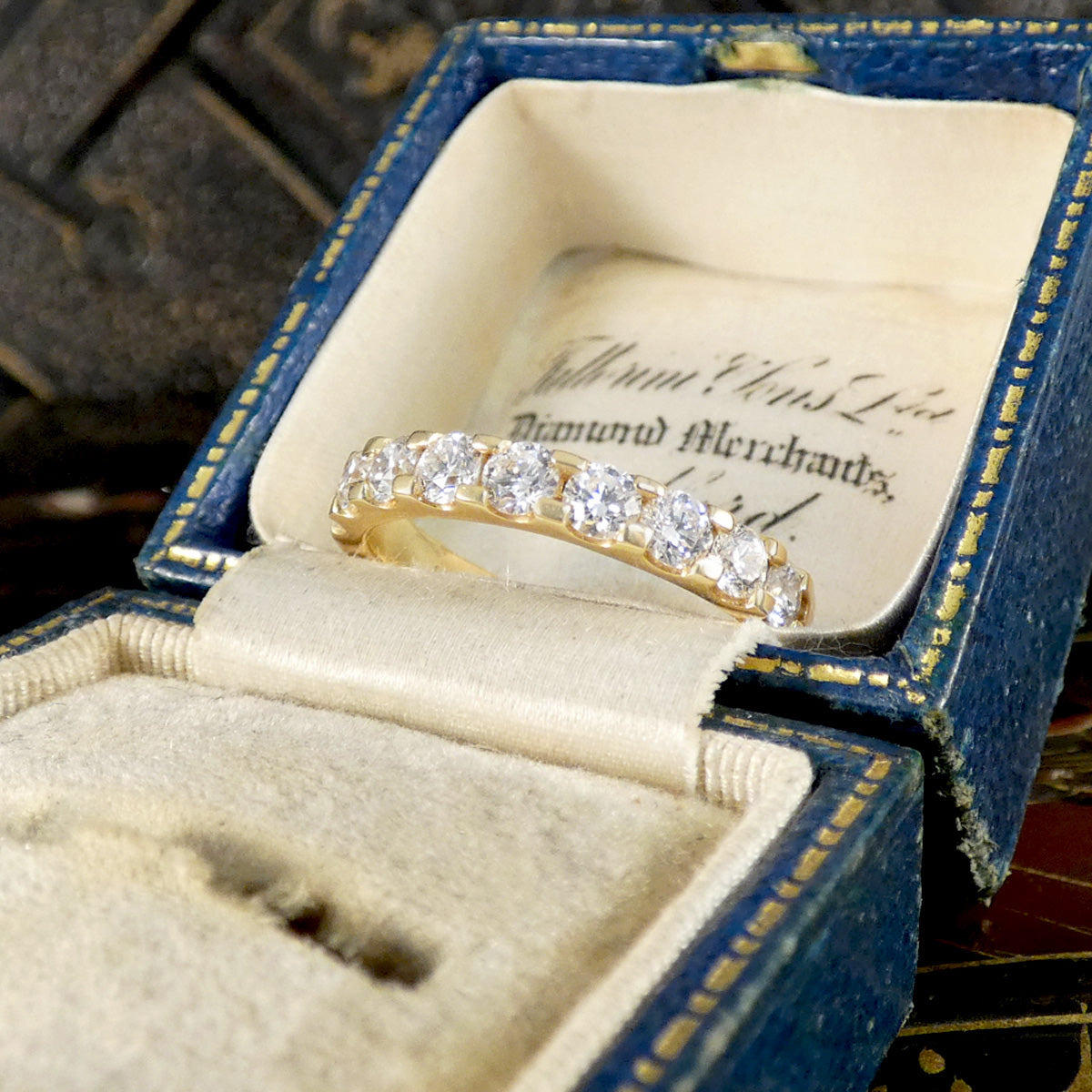 Gold ring with diamonds in an open jewelry box