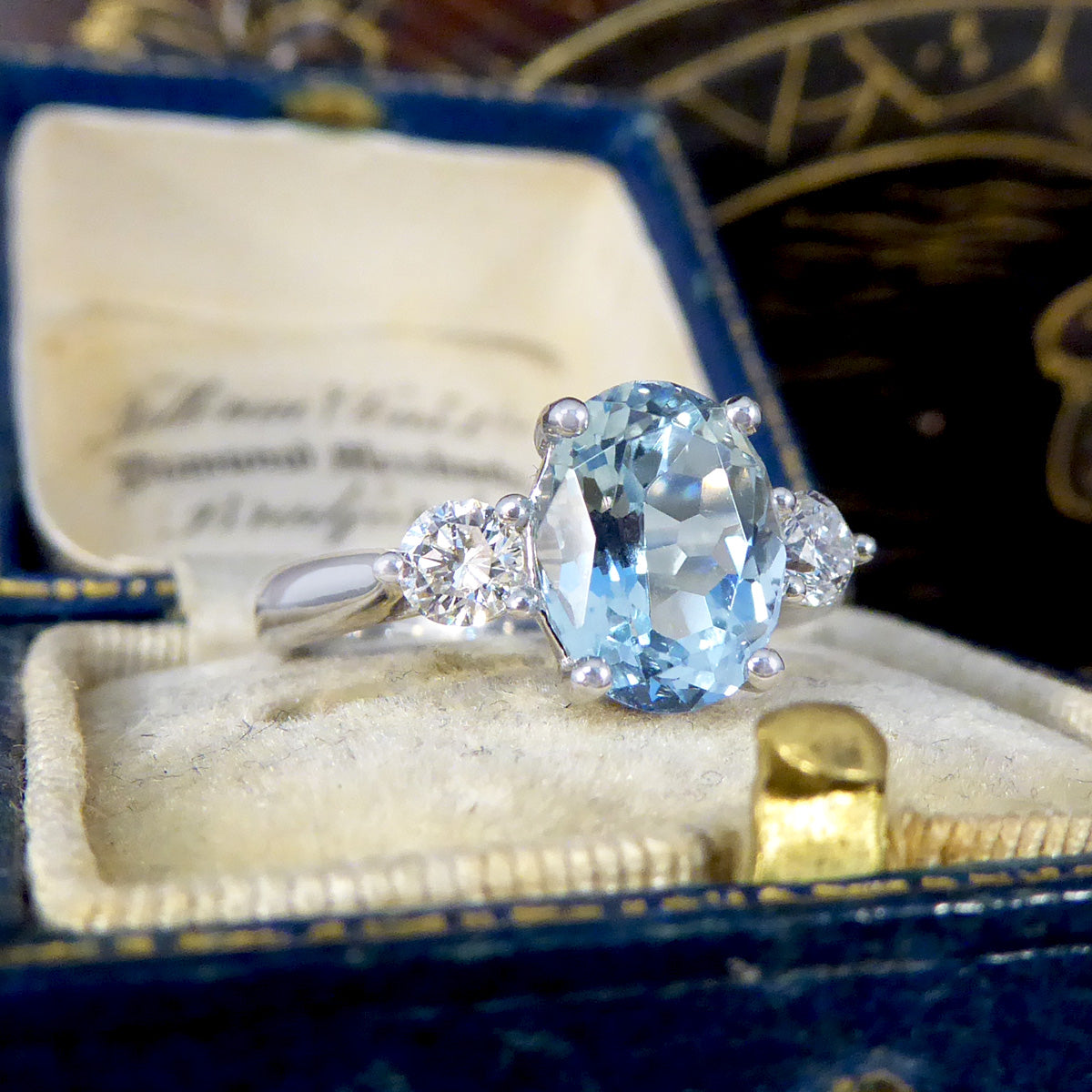 Classic 1.93ct Oval Cut Aquamarine and Diamond Three Stone Ring in Platinum - Wharfedale Antiques