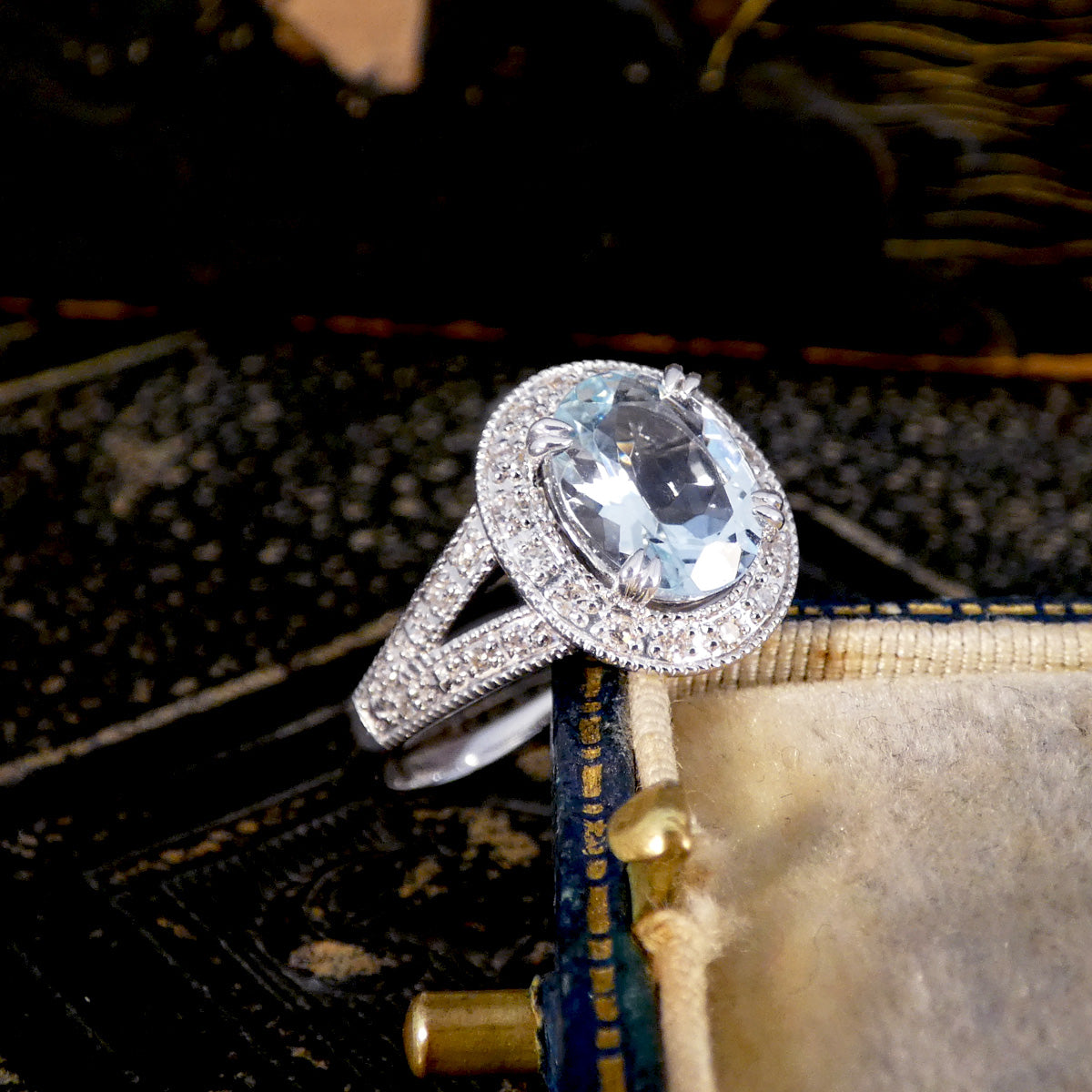 Aquamarine and Diamond Cluster Ring with Diamond Split Shoulder in White Gold - Wharfedale Antiques