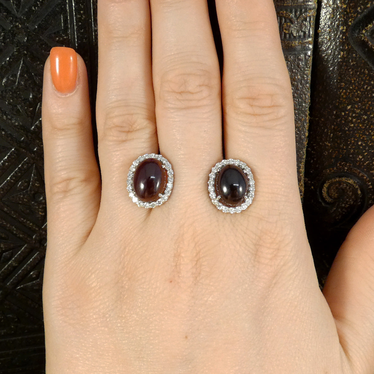 Cabochon Garnet and Diamond Halo Stud Earrings in 18ct White Gold - Wharfedale Antiques