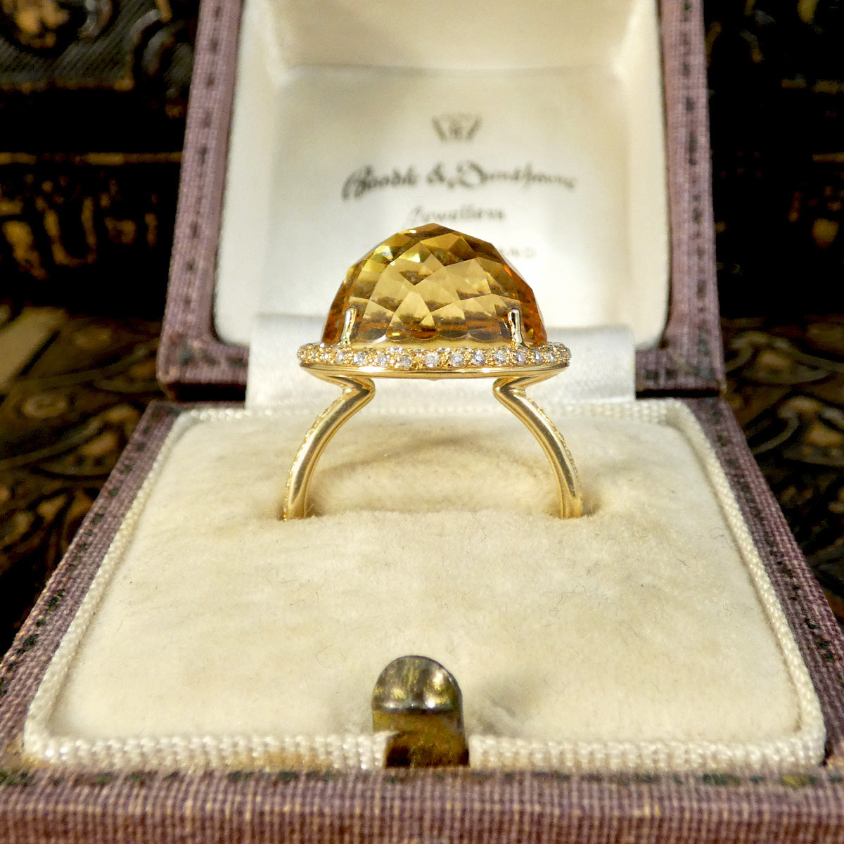 Citrine and Diamond Jelly Tot Ring in 18ct Yellow Gold with Diamond Set Shoulders - Wharfedale Antiques