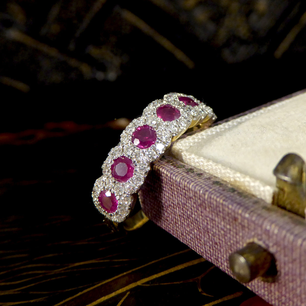 Ruby and Diamond Sextuple Cluster Ring in 18ct Yellow and White Gold - Wharfedale Antiques