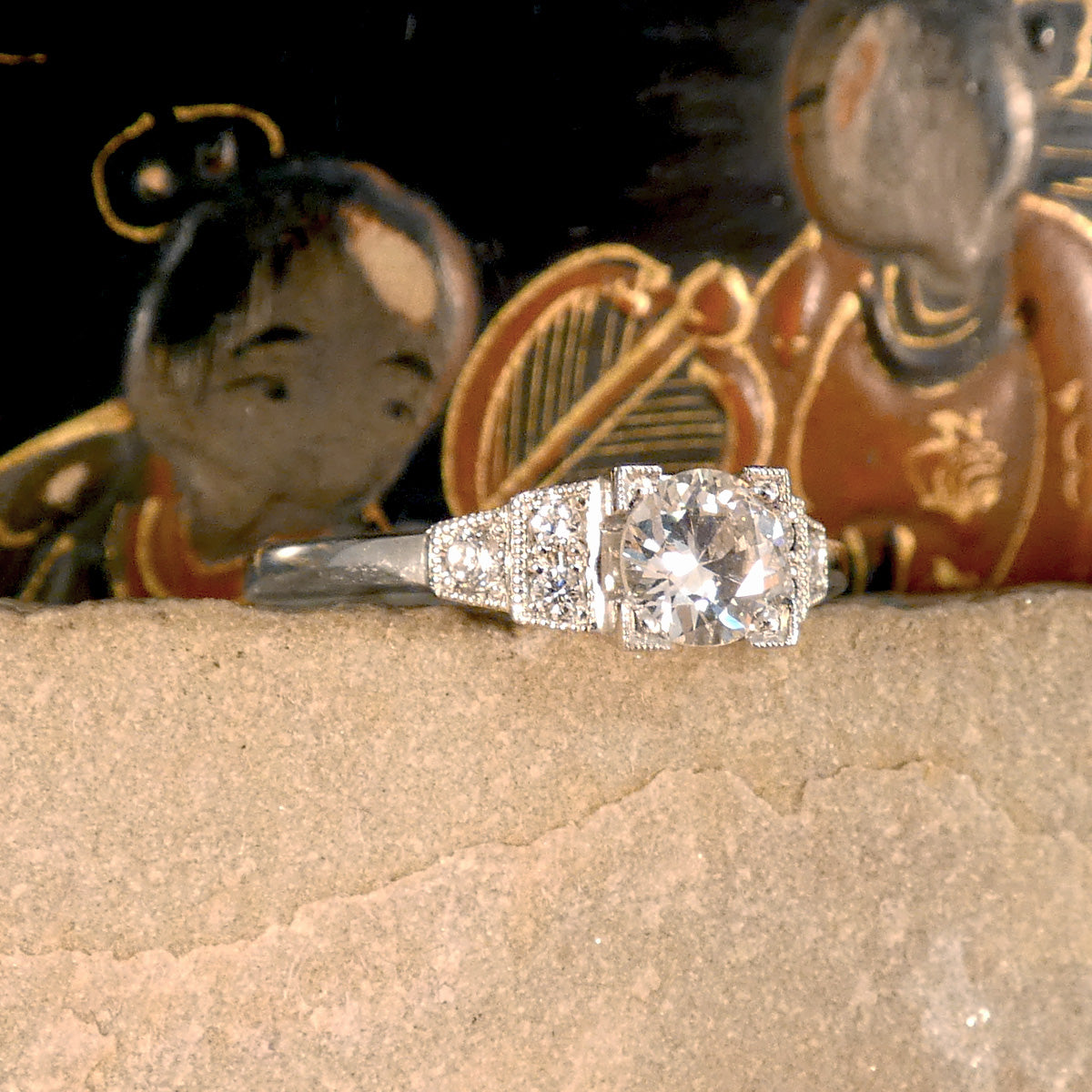 Art Deco Inspired Diamond Ring with Diamond Staged Shoulders in Platinum - Wharfedale Antiques