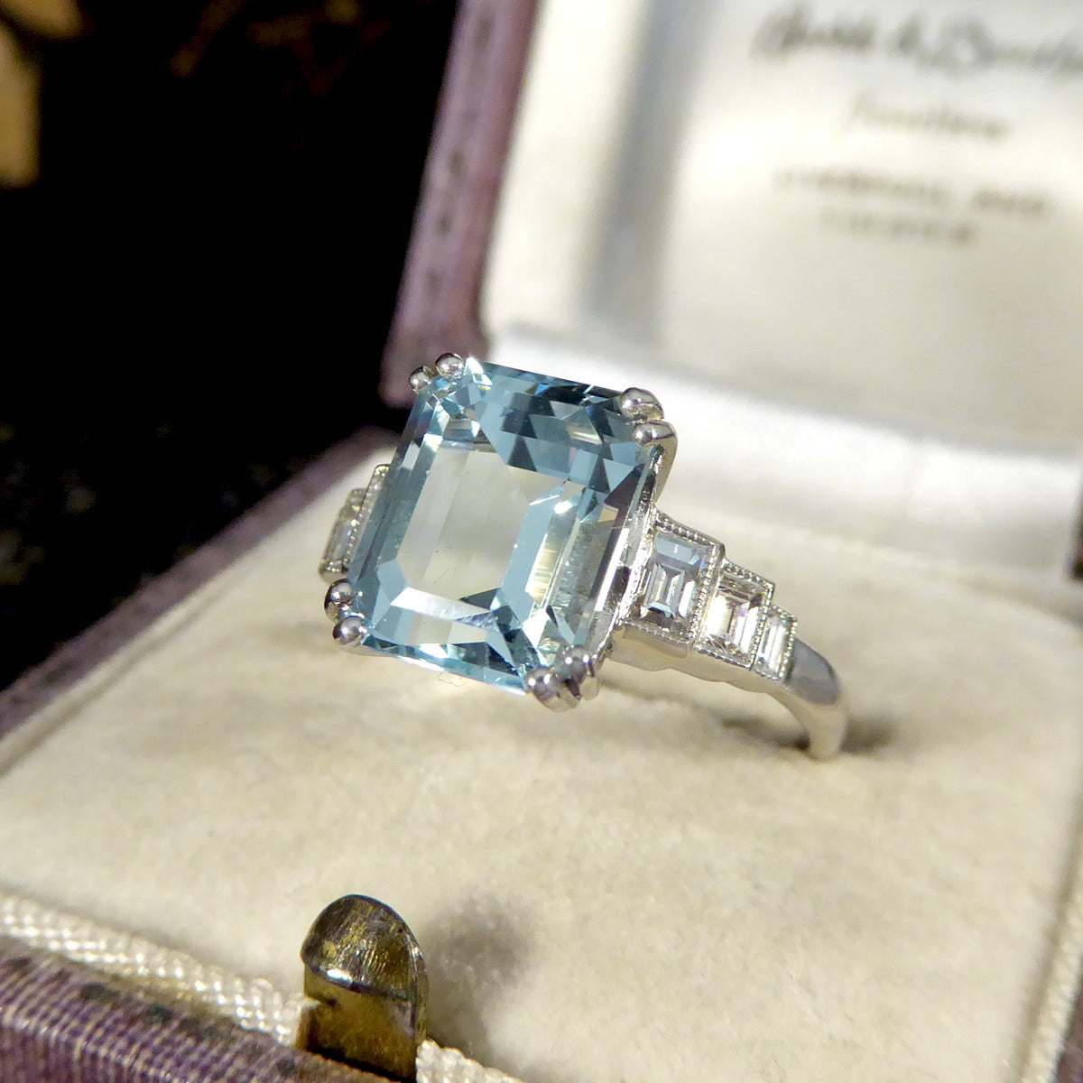 Art Deco Inspired 3.30ct Aquamarine and Diamond Staged Ring in Platinum - Wharfedale Antiques