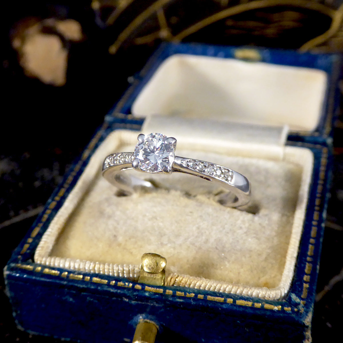 Classic Diamond Solitaire Engagement Ring with Diamond Shoulders in 18ct White Gold - Wharfedale Antiques