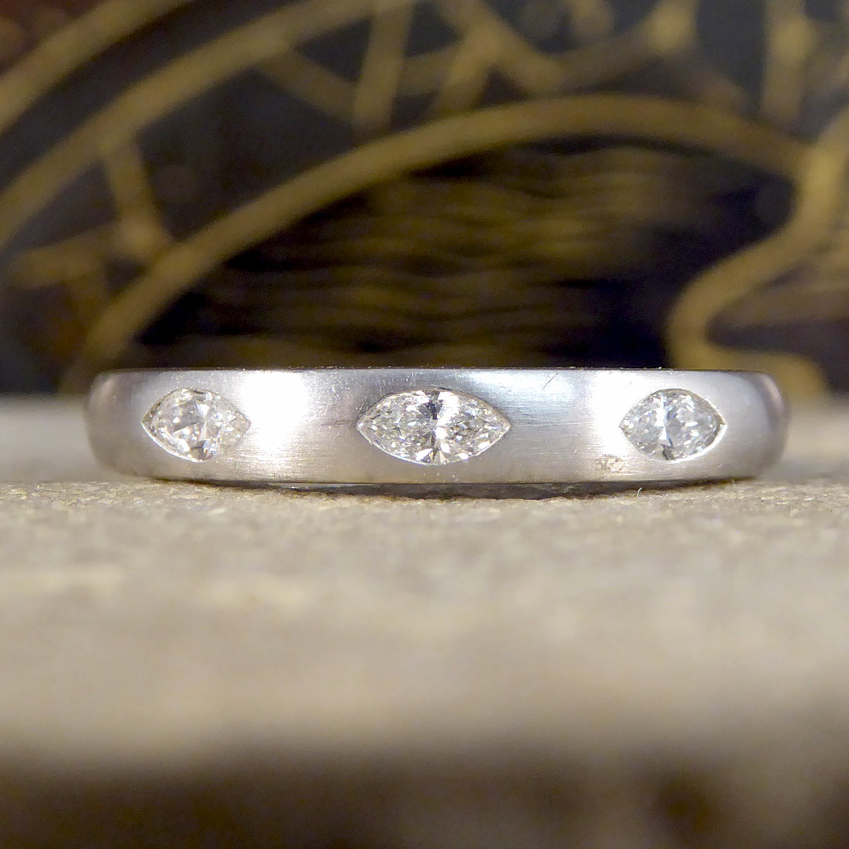 Marquise Diamond Set Brown and Newirth Ring in 18ct White Gold with Satin Matt Finish - Wharfedale Antiques