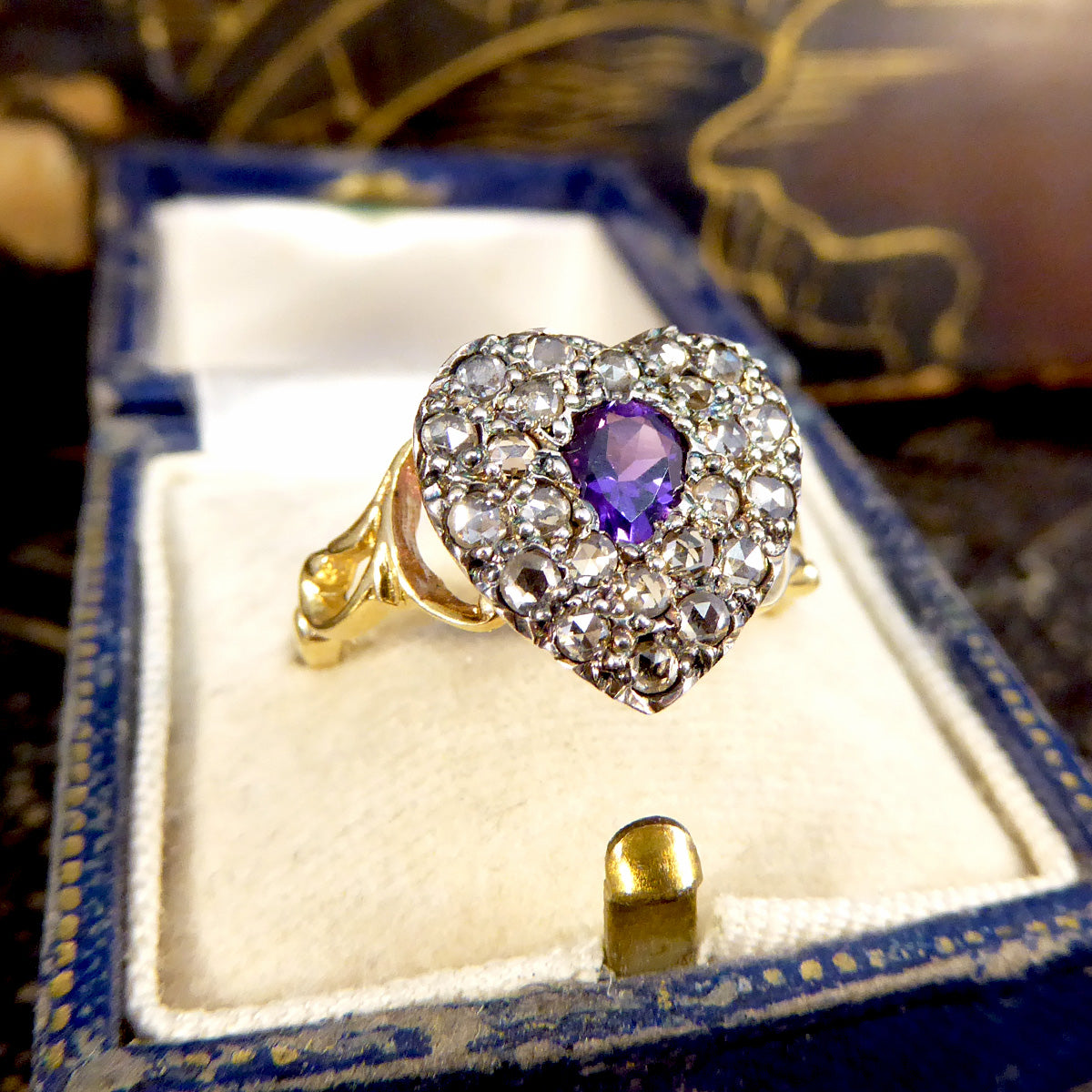 Early Victorian Style Amethyst and Rose Cut Diamond Heart Ring in 18ct Gold - Wharfedale Antiques