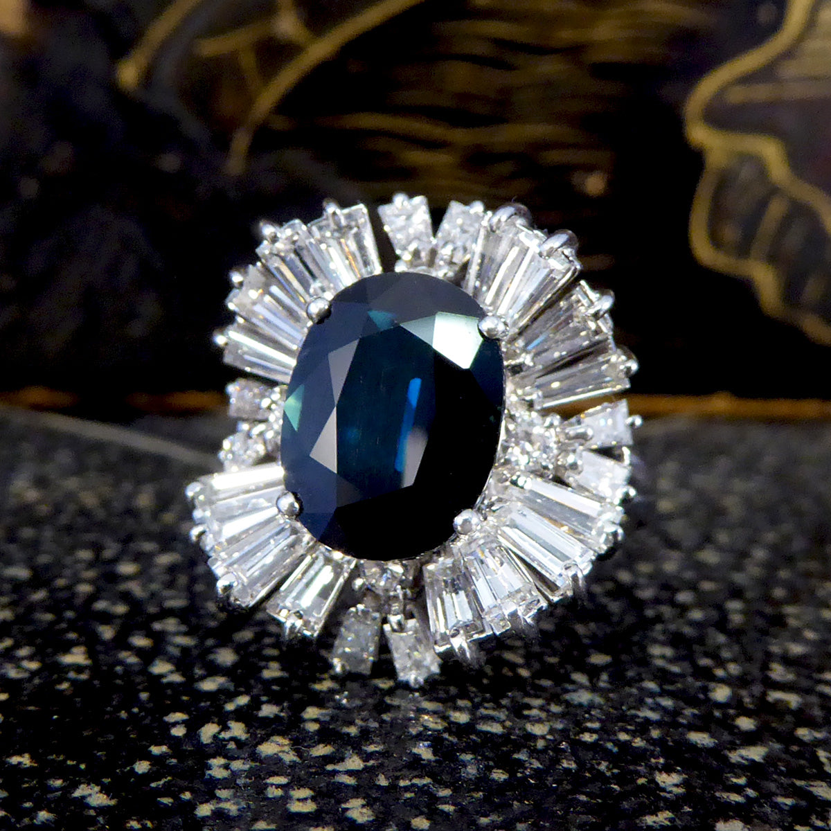 Deep 4.33ct Sapphire and Diamond Ballerina Ring in 18ct White Gold - Wharfedale Antiques