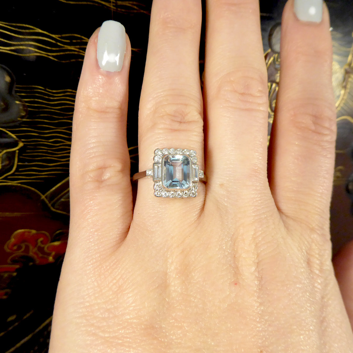 Art Deco Inspired Aquamarine and Diamond Cluster Ring in Platinum - Wharfedale Antiques