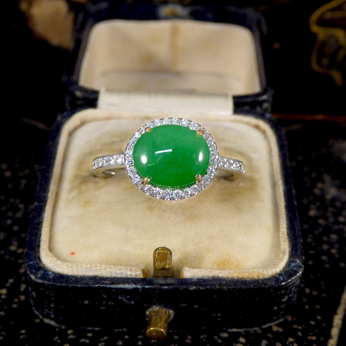 Jade and Diamond Halo Cluster ring in Platinum - Wharfedale Antiques