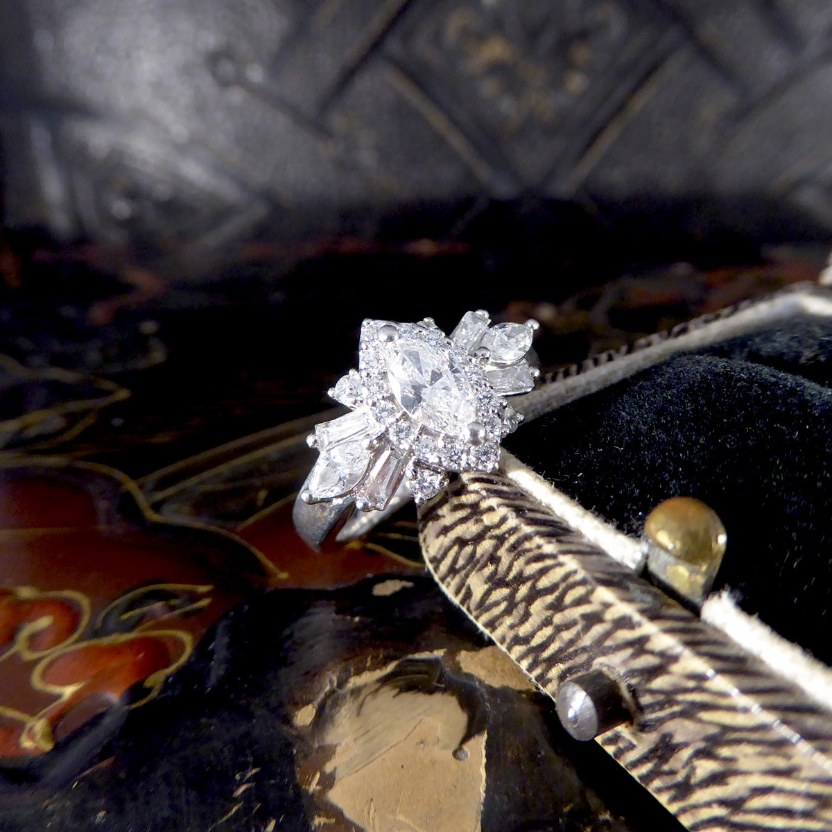 Contemporary 1.00ct Diamond Marquise Cluster Dress Ring in Platinum - Wharfedale Antiques