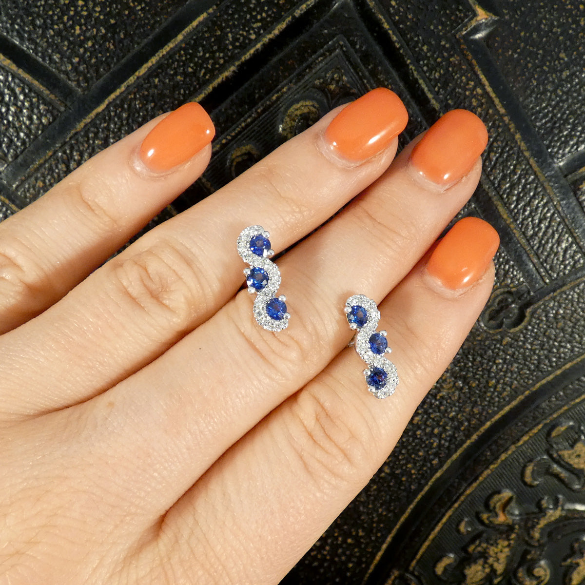Ceylon Sapphire and Diamond Three Stone Lazy River Earrings in Platinum - Wharfedale Antiques