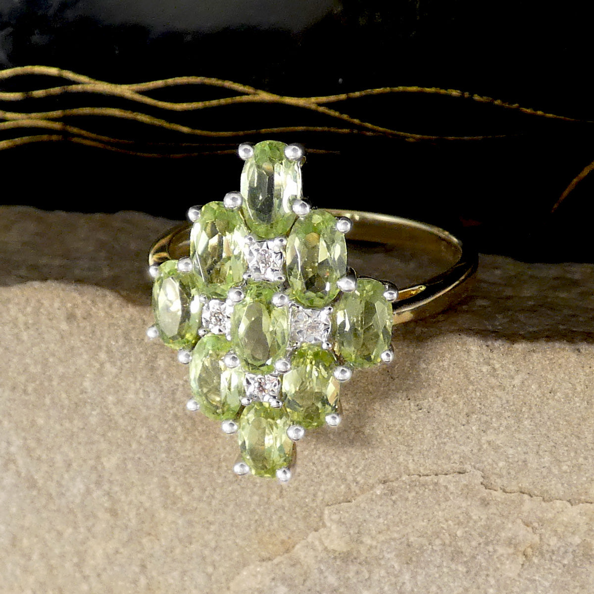 A bright and beautiful Peridot and Diamond Cluster Cocktail Dress Ring filly set in 9ct Yellow Gold. The perfect gift.