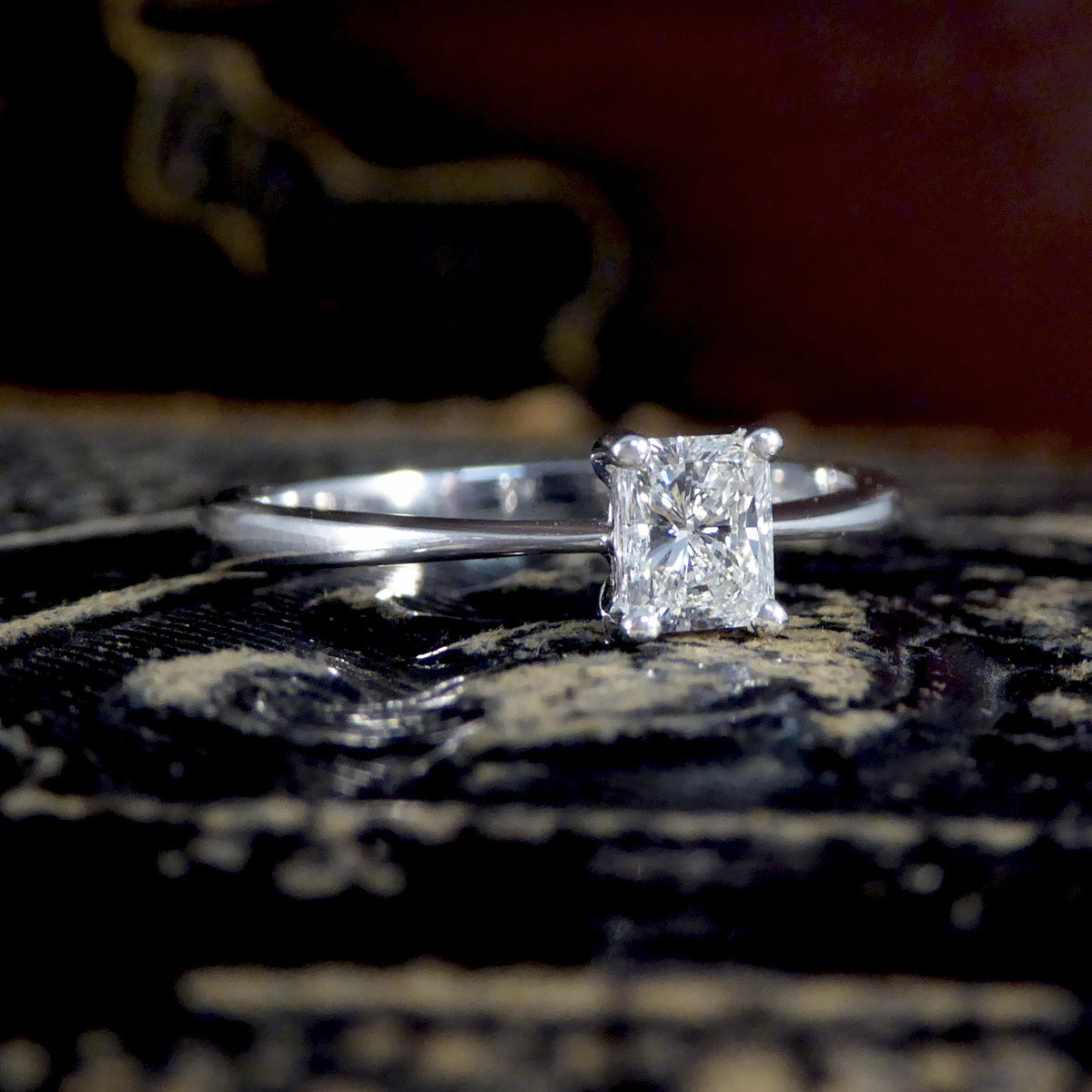 Radiant Cut Diamond Solitaire Ring in 18ct White Gold - Wharfedale Antiques