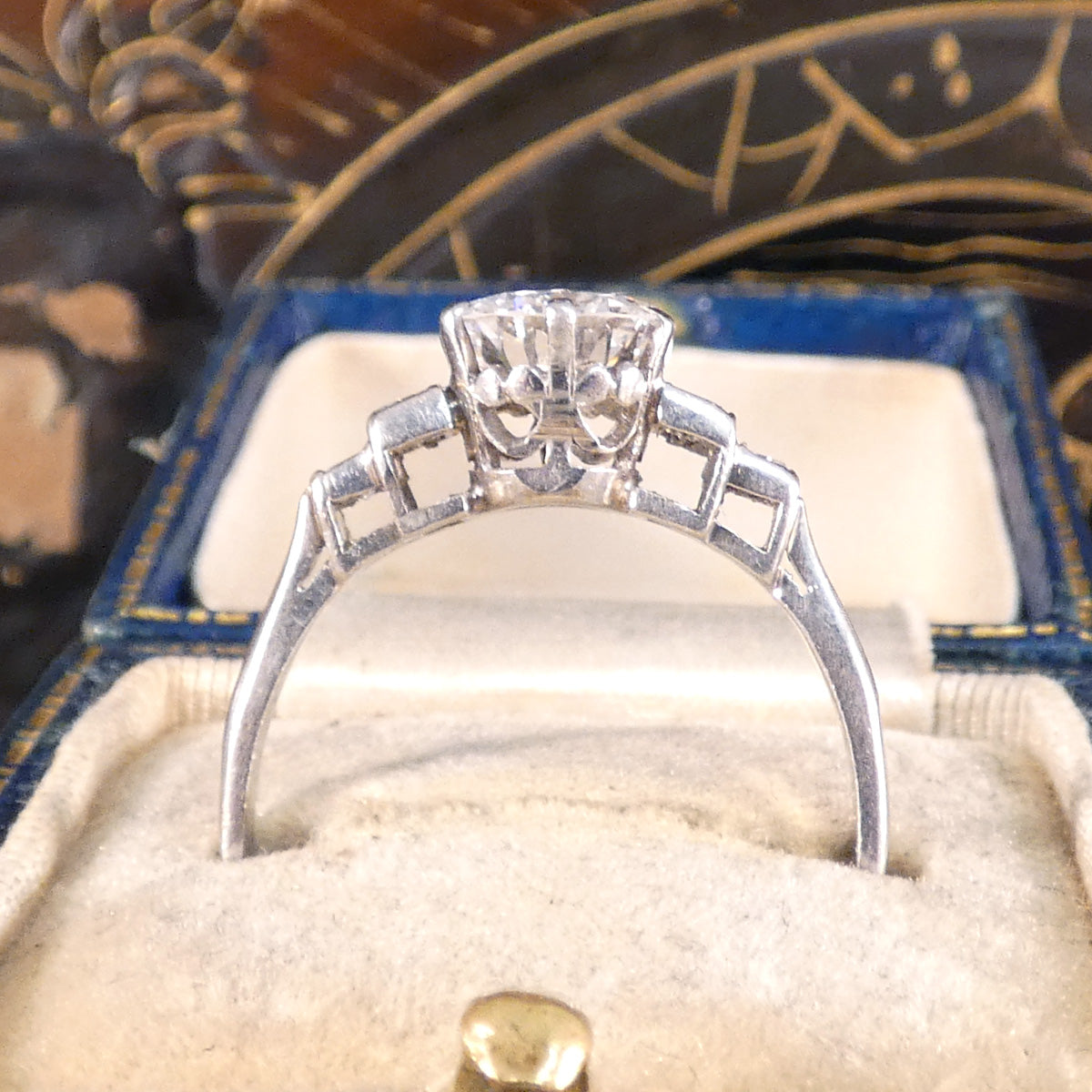 Art Deco 1.20ct Early Brilliant Cut Diamond Solitaire with Baguette Cut Shoulders in Platinum - Wharfedale Antiques