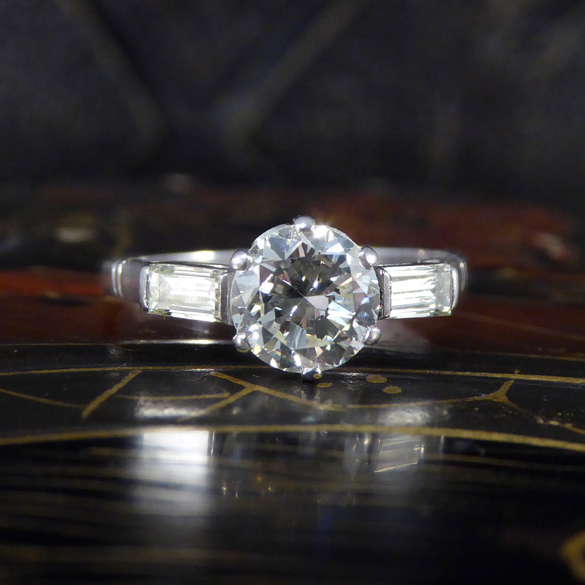 Art Deco 1.20ct Diamond Solitaire Engagement Ring with Baguette Cut Shoulders in Platinum - Wharfedale Antiques