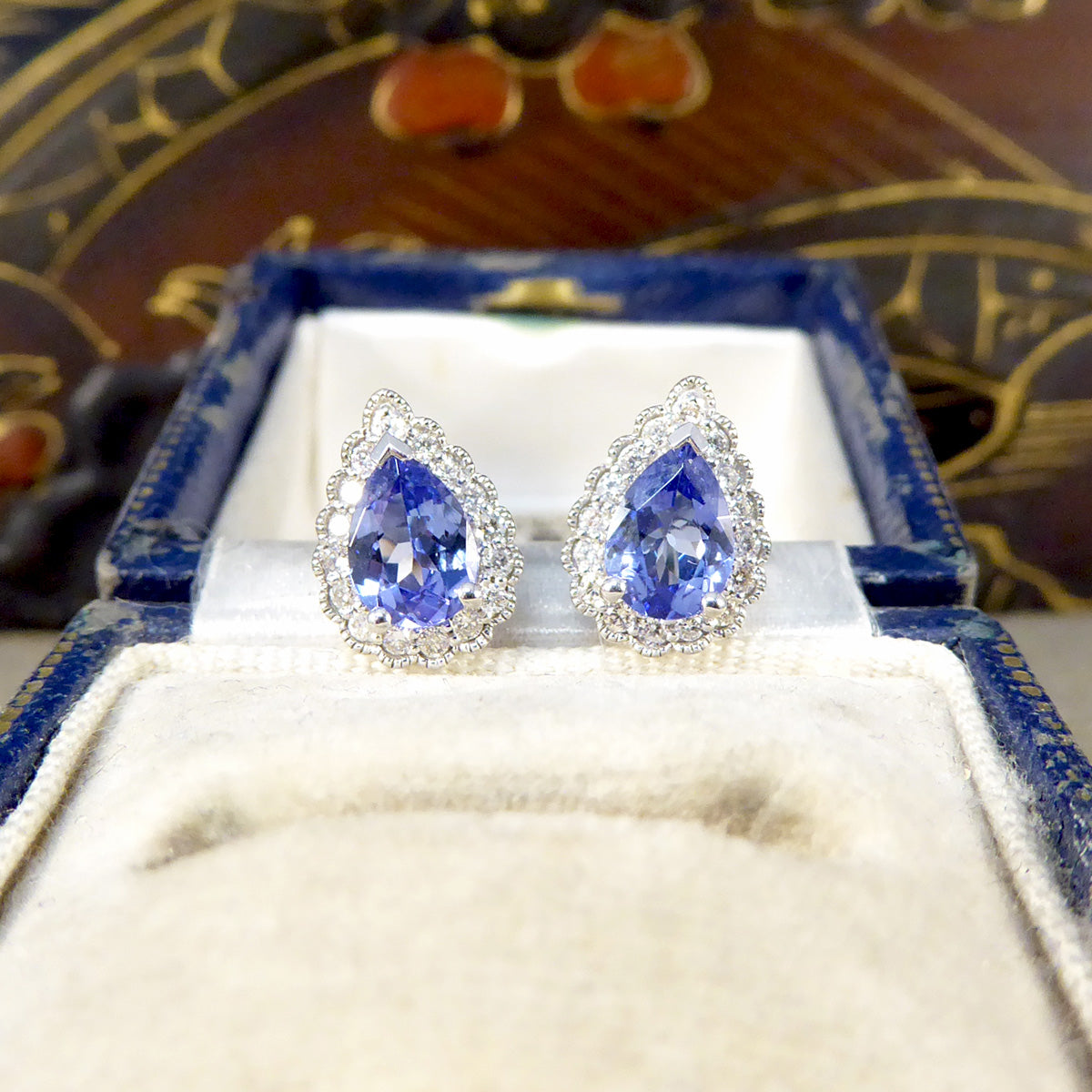Pear Cut Tanzanite and Diamond Cluster Earrings in White Gold - Wharfedale Antiques