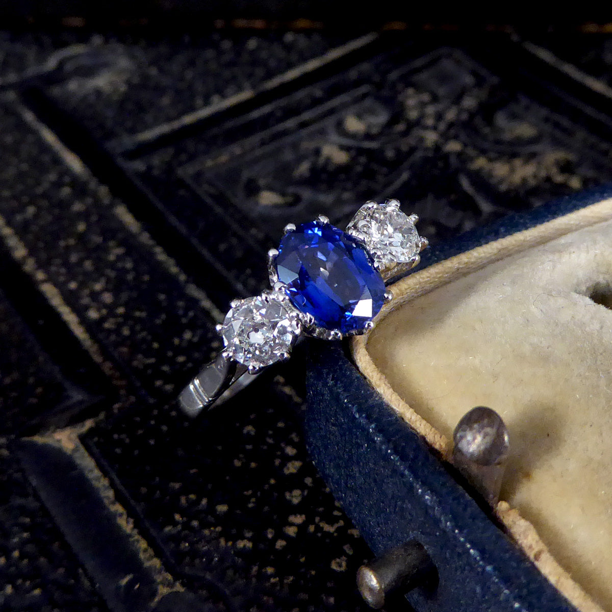 1.50ct Sapphire and 0.55ct Diamond Three Stone Ring in Platinum - Wharfedale Antiques