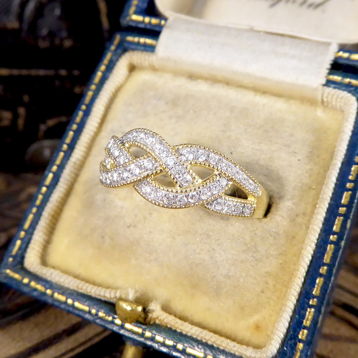 Diamond Set Milgrain Plait Half Eternity Ring in Yellow Gold - Wharfedale Antiques