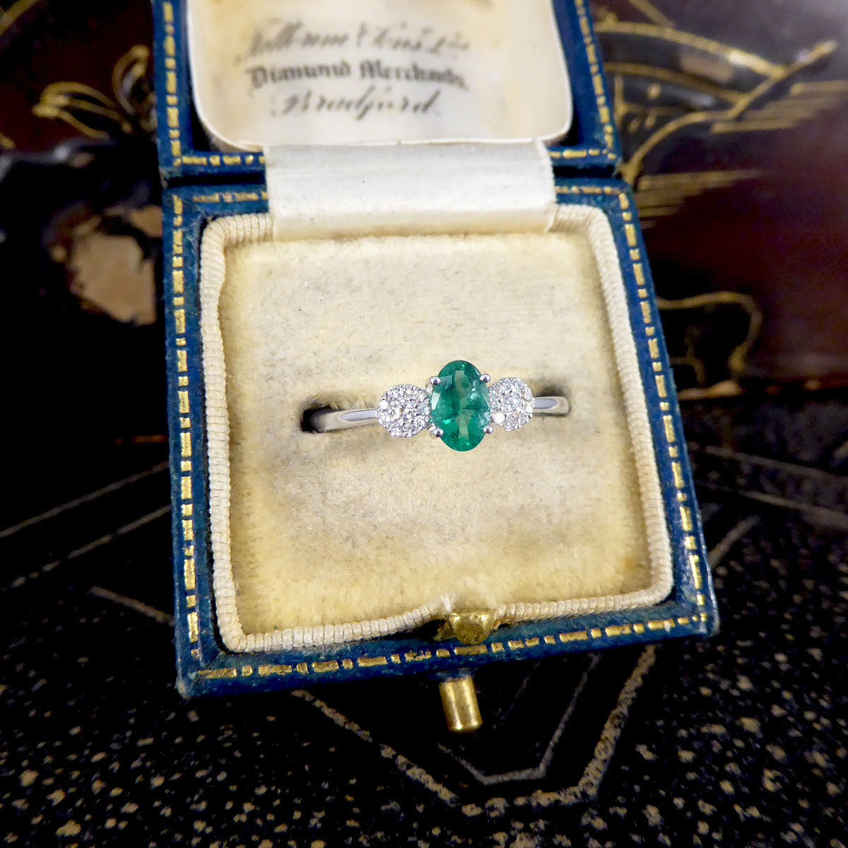 Emerald and Diamond Illusion Three Stone Ring in 18ct White Gold - Wharfedale Antiques