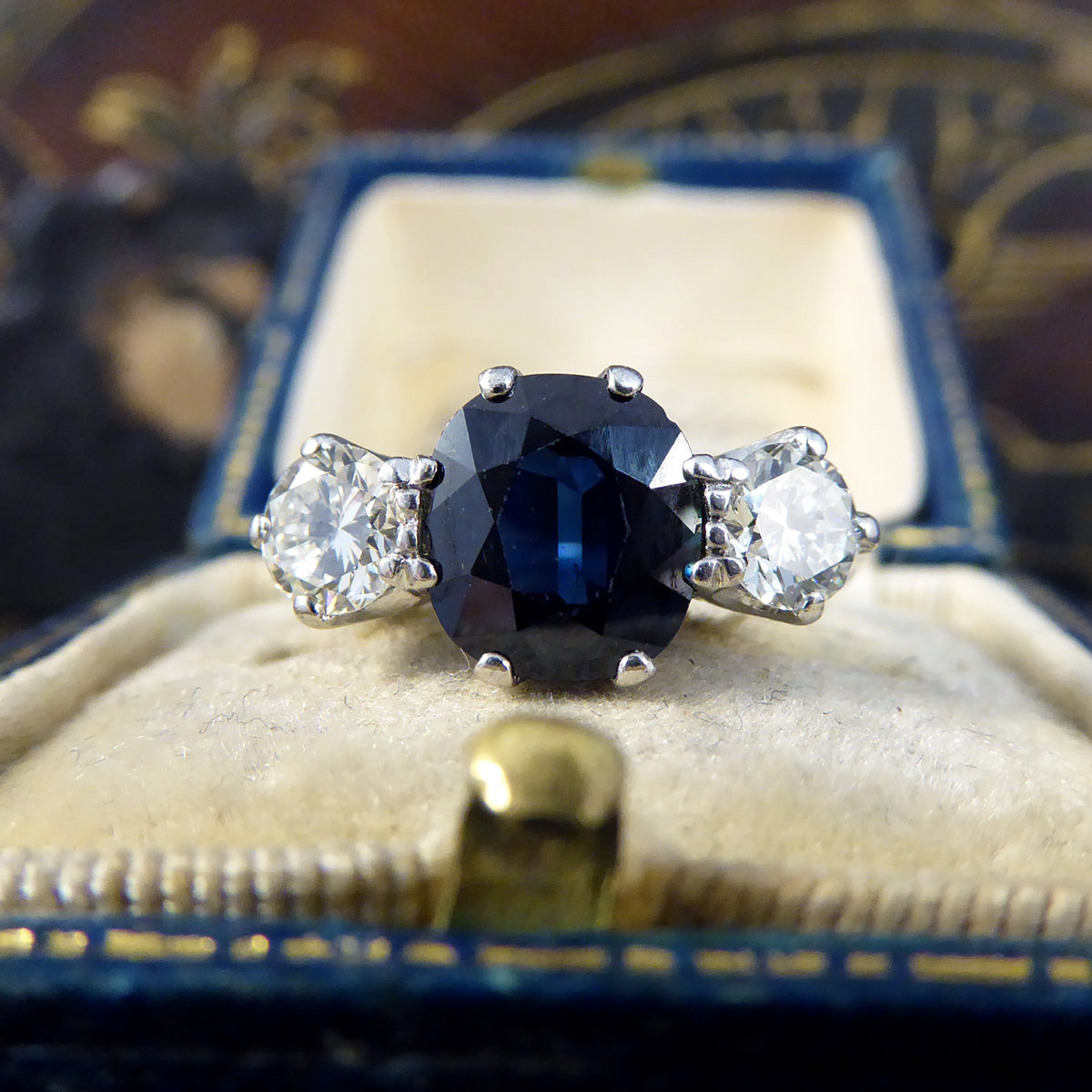C1920s Deep Sapphire and Diamond Trilogy Ring in 18ct White Gold and Platinum - Wharfedale Antiques