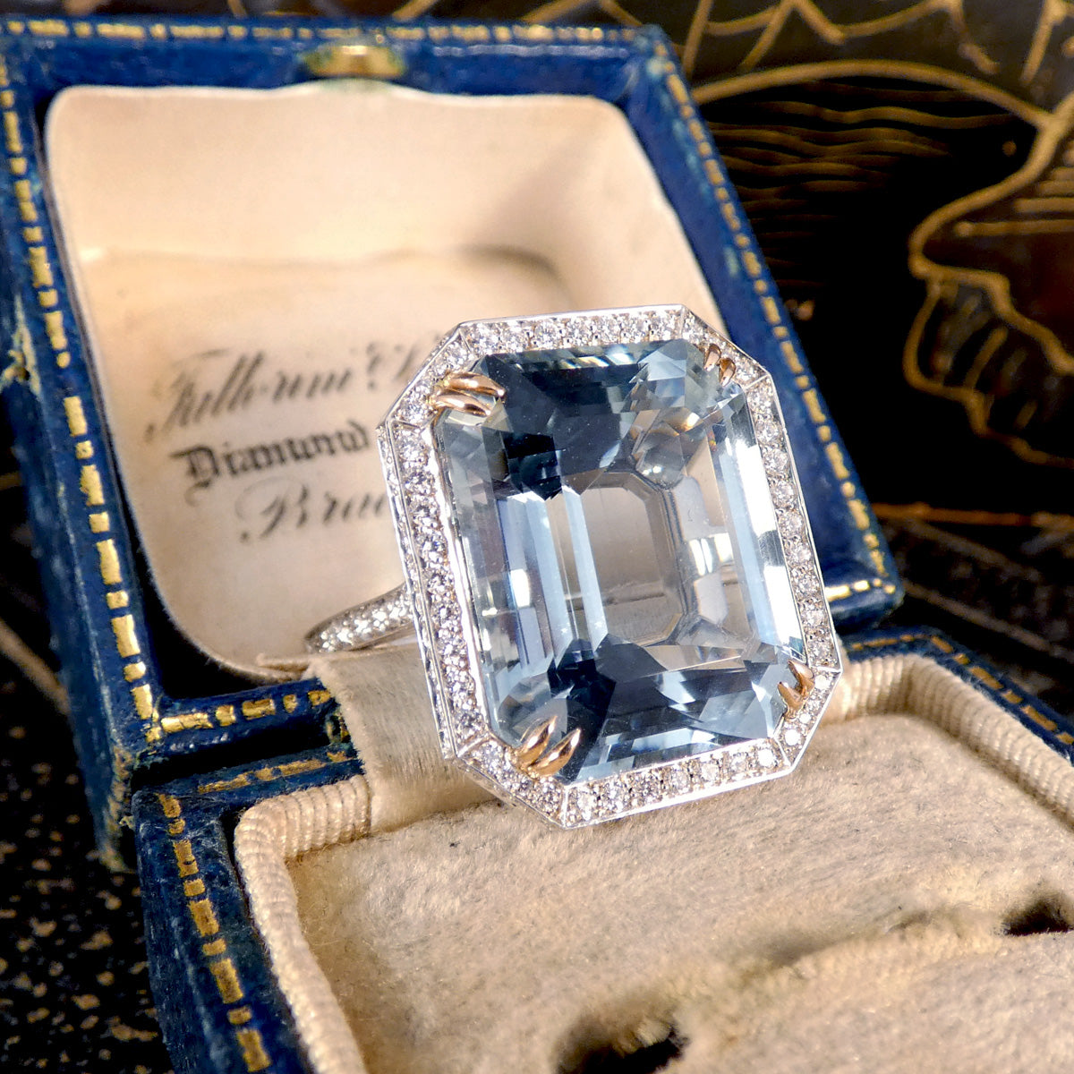 Large Aquamarine and Diamond Halo Ring with Diamond set Shoulders in Platinum - Wharfedale Antiques