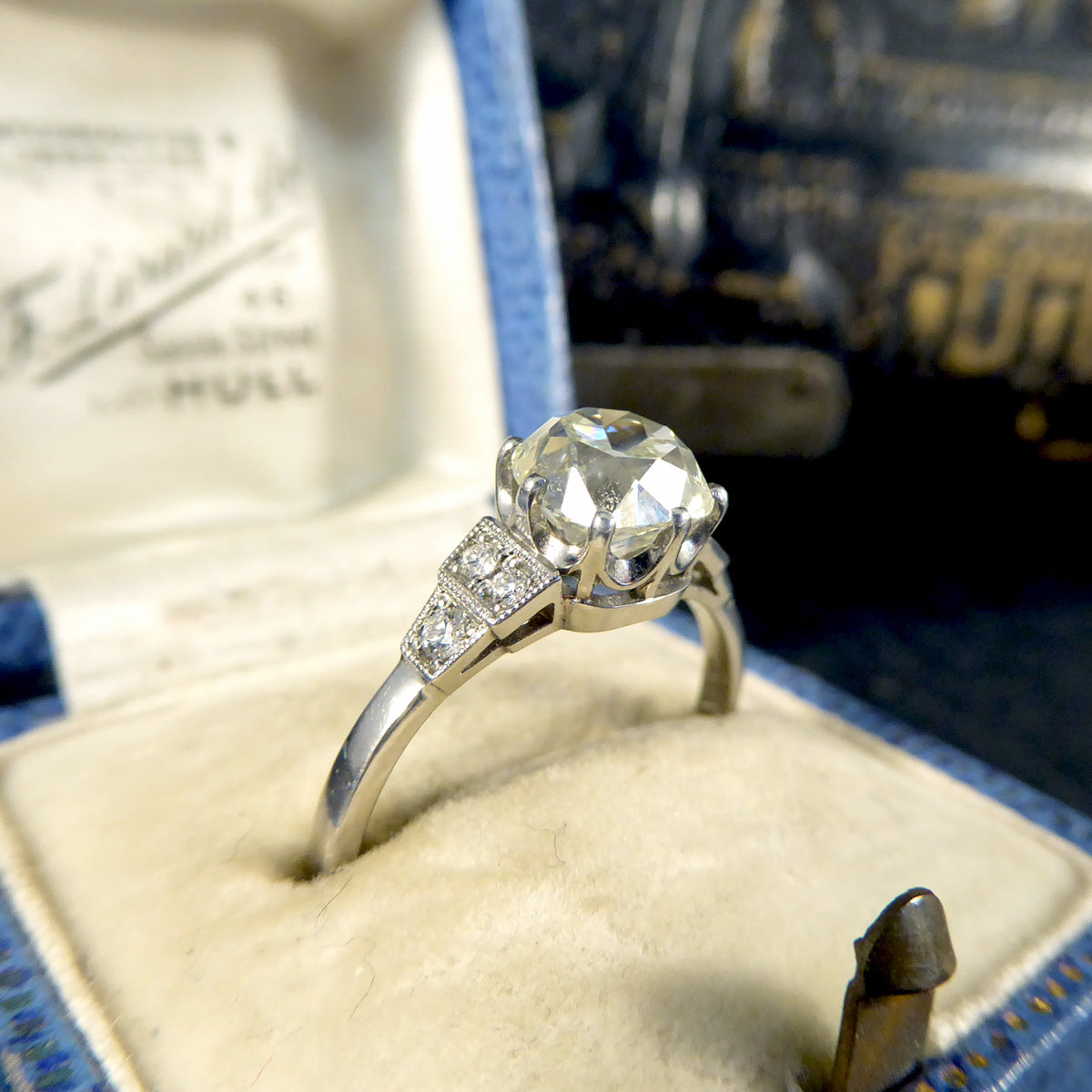 1.70ct Old European Cushion Cut Diamond Solitaire with Diamond Shoulders in Platinum - Wharfedale Antiques