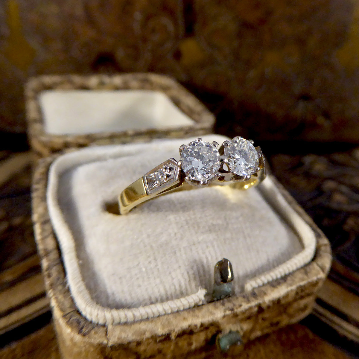 Vintage and Unusual Old Cut Diamond Two Stone Ring in 18ct Gold - Wharfedale Antiques