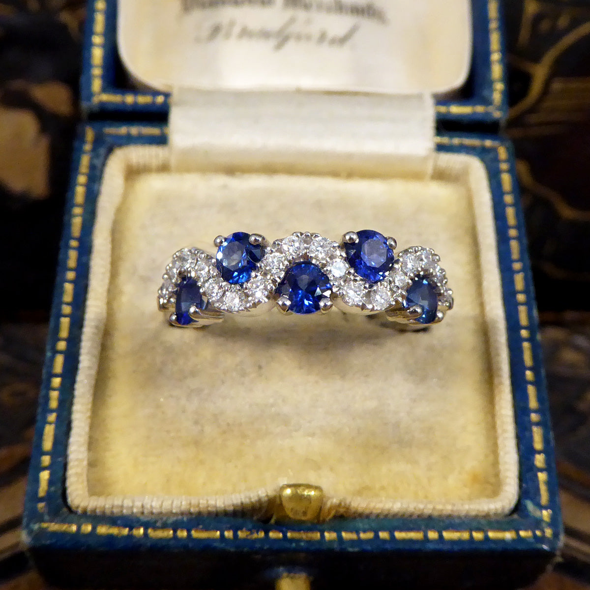 Ceylon Sapphire and Diamond Lazy River Ring in Platinum - Wharfedale Antiques