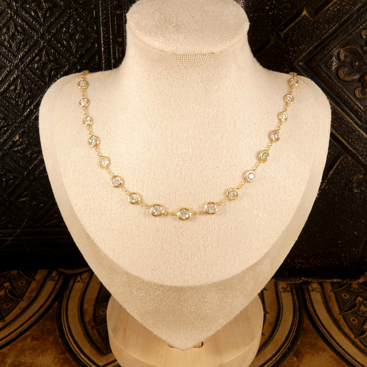 4.55ct Diamond Spectacle Set Spaced Necklace in 18ct Rose and Yellow Gold shown on bust to see on neckline.