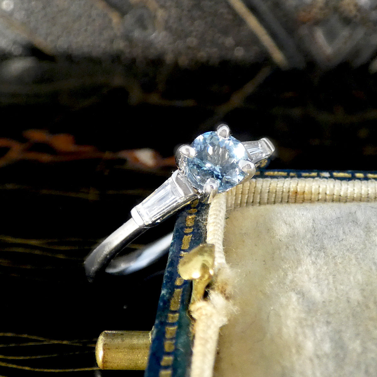Aquamarine Solitaire with Tapered Baguette Diamond Shoulders in 18ct White Gold - Wharfedale Antiques