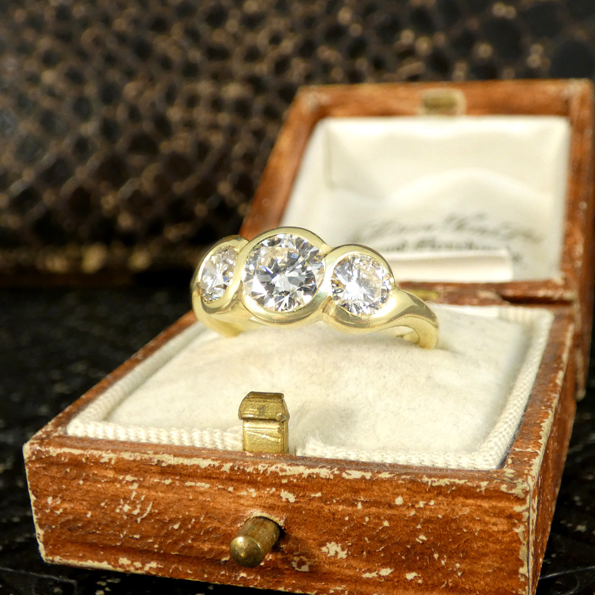 1.75ct Diamond Chunky Bezel Set Three Stone Ring in 18ct Yellow Gold - Wharfedale Antiques