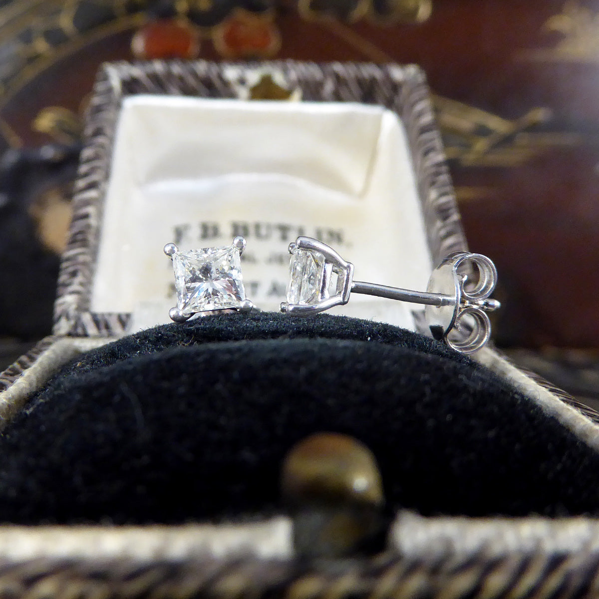 Princess Cut Diamond Stud Earrings Weighing 0.91ct in 18ct White Gold - Wharfedale Antiques