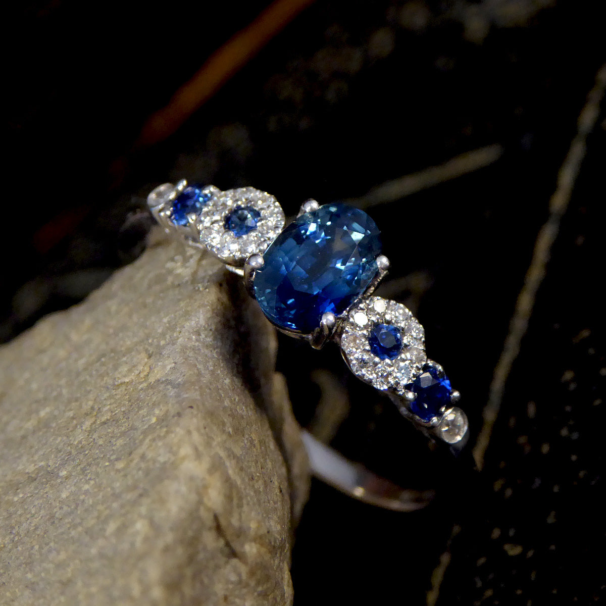 Unique Geometric Sapphire and Diamond Ring in 18ct White Gold - Wharfedale Antiques