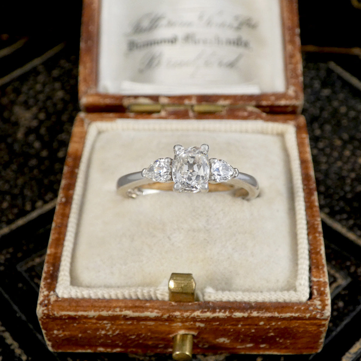 Diamond ring in an open vintage box with a blurred background