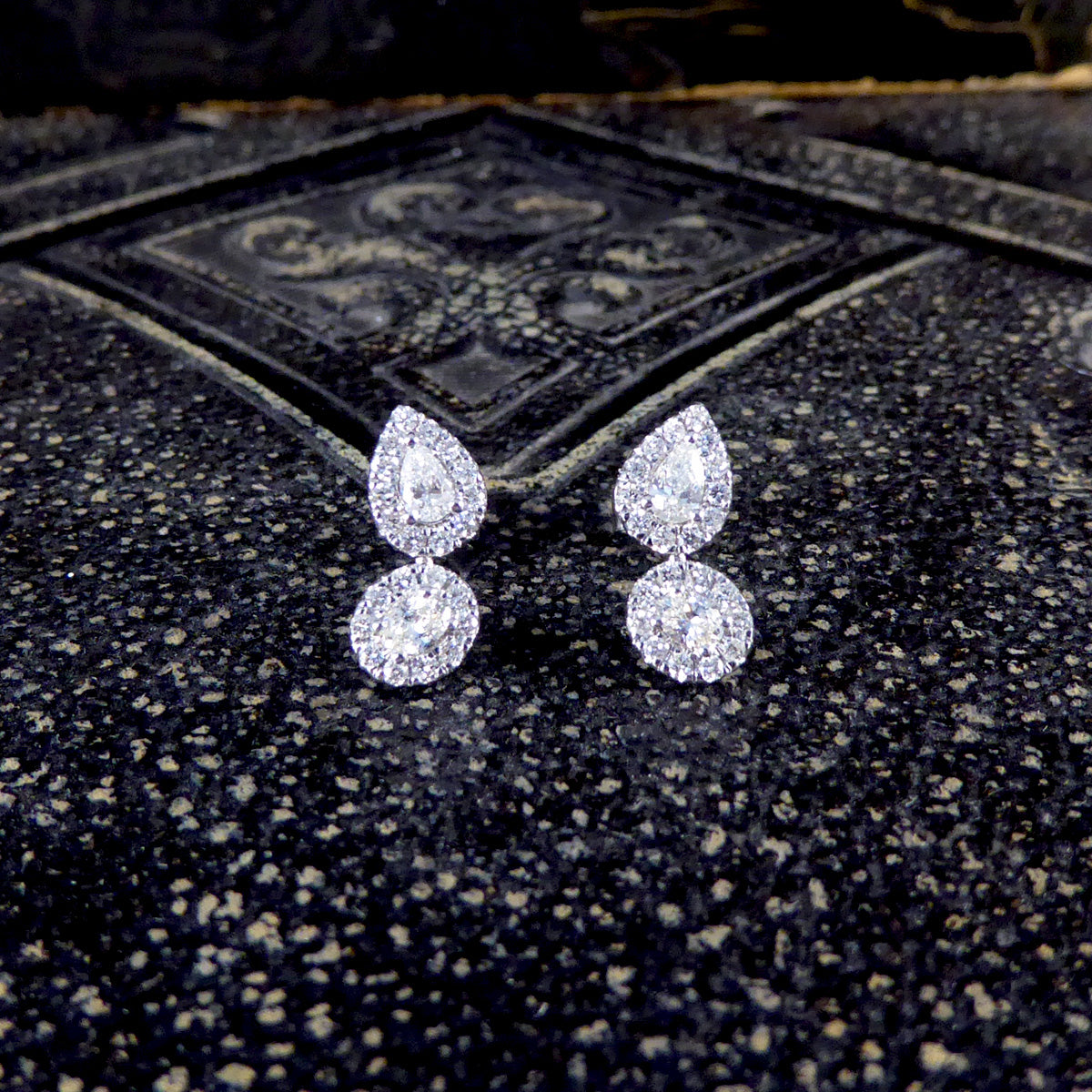 Diamond Pear and Oval Double Cluster Stud Earrings in 18ct White Gold - Wharfedale Antiques