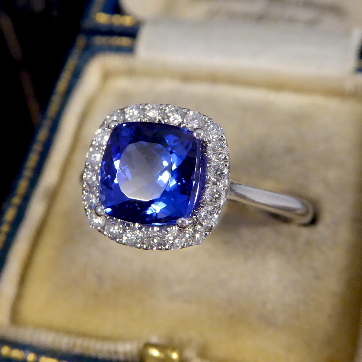 Cushion Cut Tanzanite and Diamond Cluster Ring in White Gold - Wharfedale Antiques