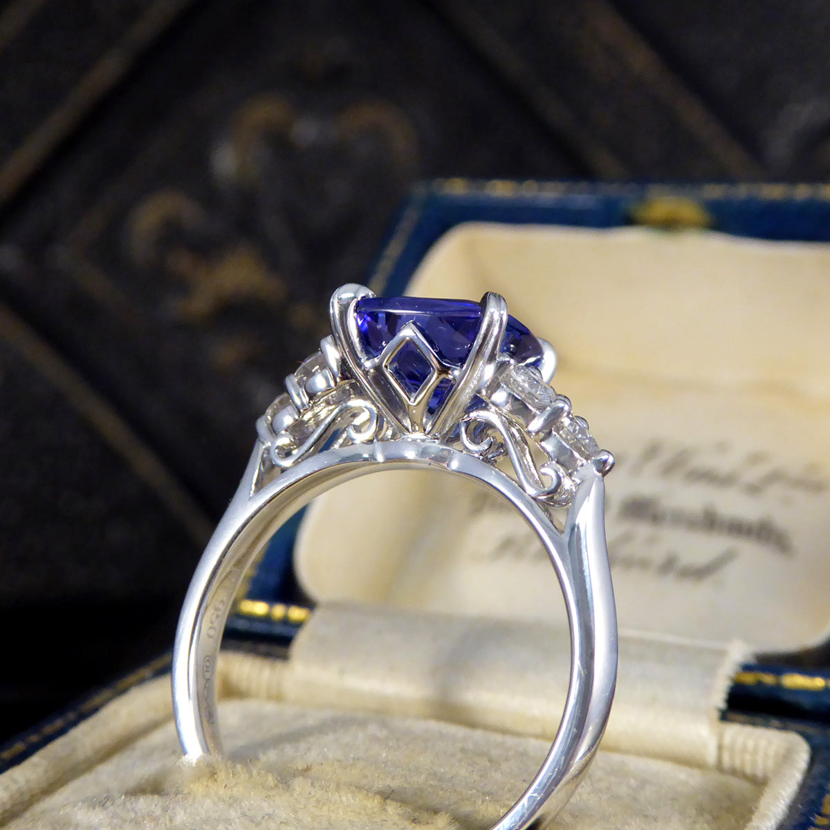 Vibrant 2.40ct Cushion Cut Tanzanite and Diamond Trio Set Shoulders in Platinum - Wharfedale Antiques