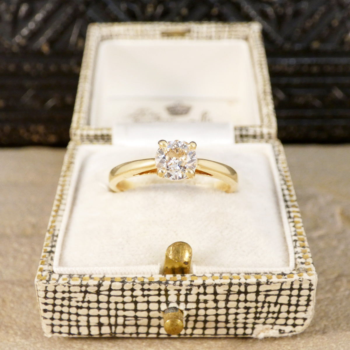 Old European Cut Diamond Solitaire Engagement Ring in Yellow Gold in a four claw setting.