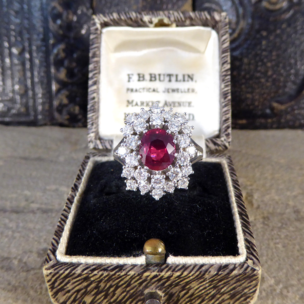 Contemporary 1.80ct No Heat Ruby and 1.28ct Diamond Double Cluster Ring in 18ct White Gold - Wharfedale Antiques