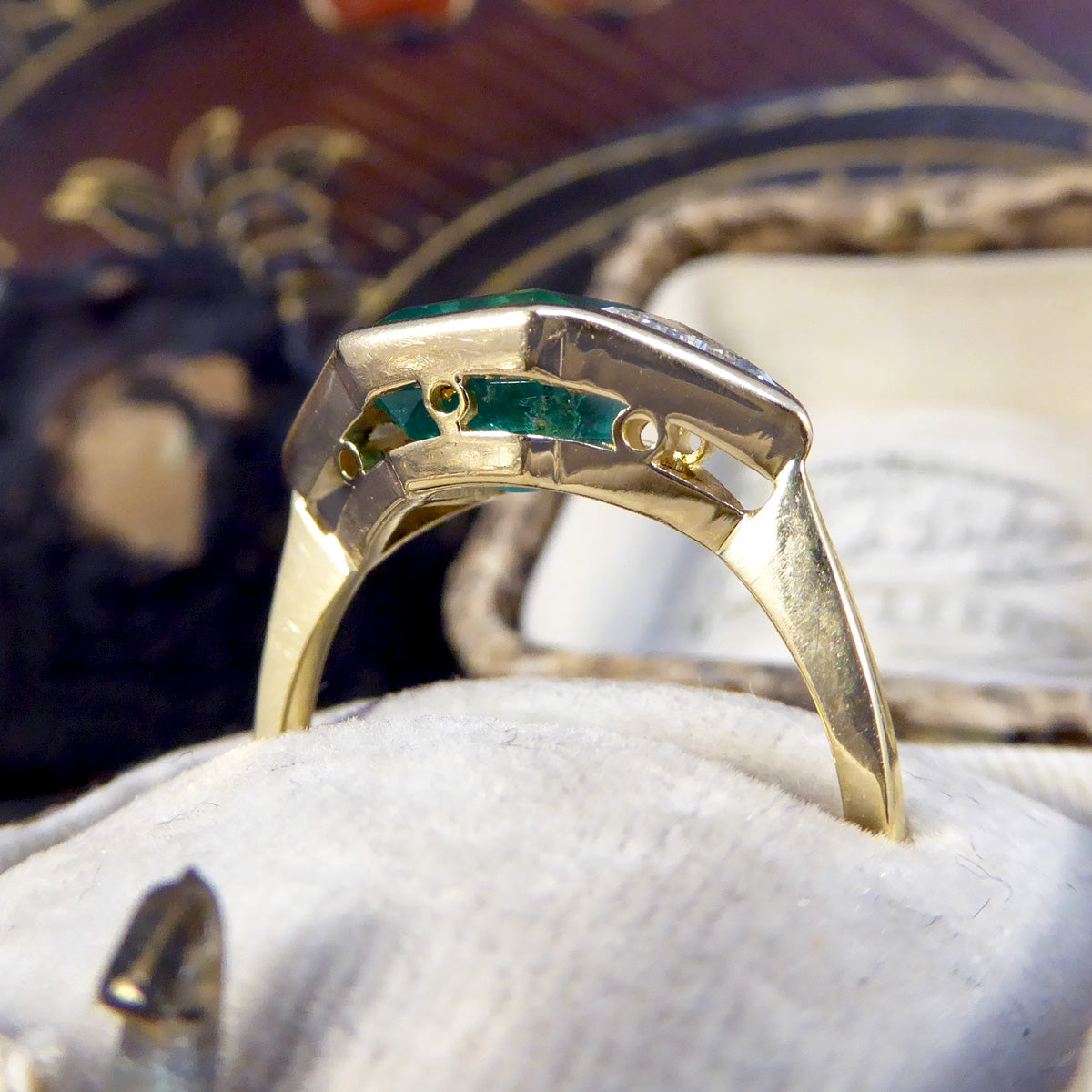 Vintage Emerald and Trillian Cut Diamond Three Stone in 18ct Yellow Gold - Wharfedale Antiques