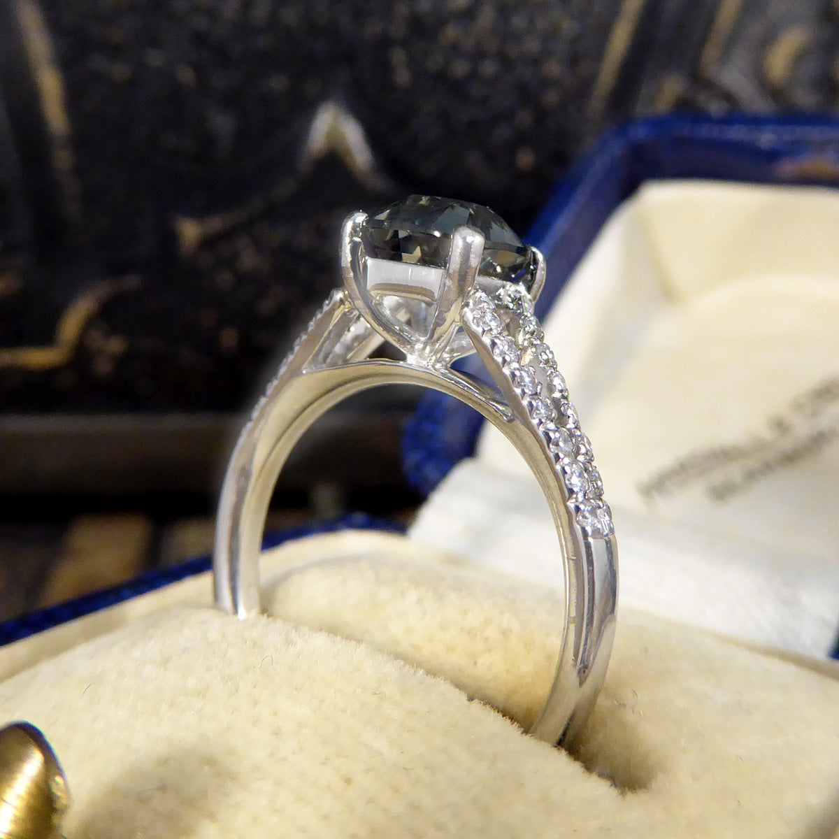 Teal Sapphire and Diamond set Split Shoulders in Platinum - Wharfedale Antiques