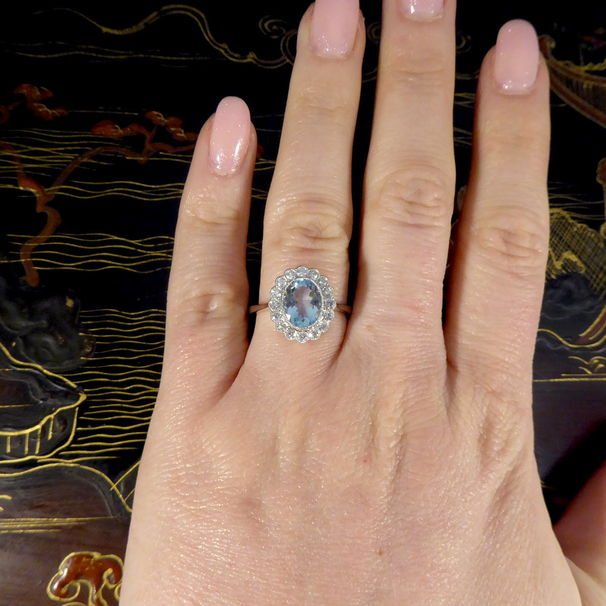 Vintage style 1.69ct Aquamarine and Diamond Cluster Ring in 18ct White Gold - Wharfedale Antiques