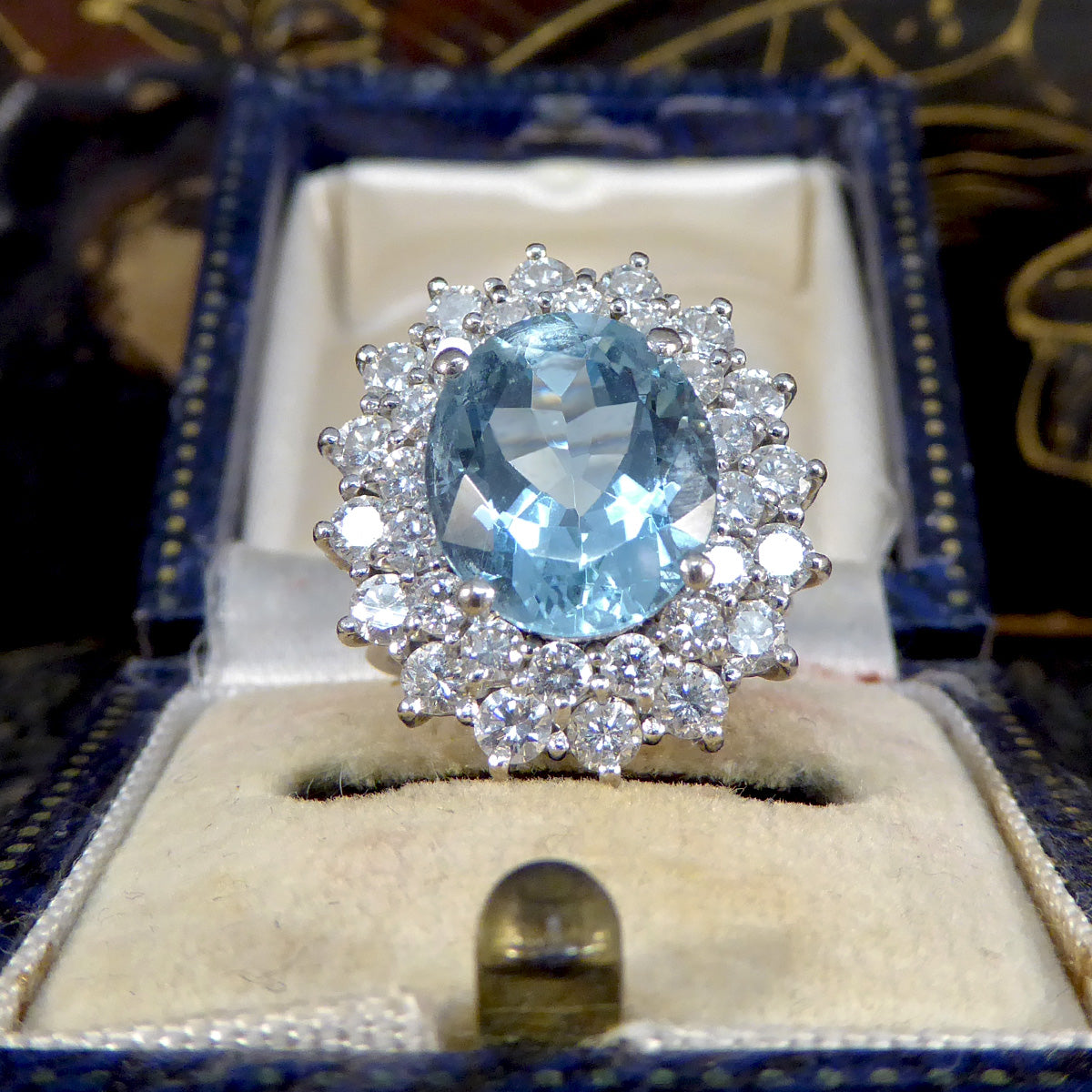 4.30ct Aquamarine and Diamond Double Cluster Ring in 18ct White Gold - Wharfedale Antiques