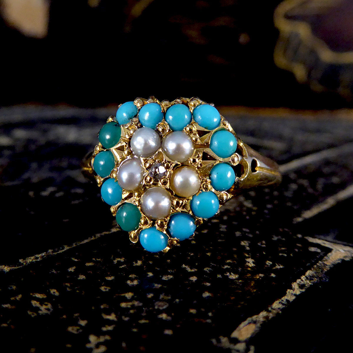 Victorian Heart Shaped Turquoise Seed Pearl and Diamond Cluster Ring in 18ct Yellow Gold - Wharfedale Antiques