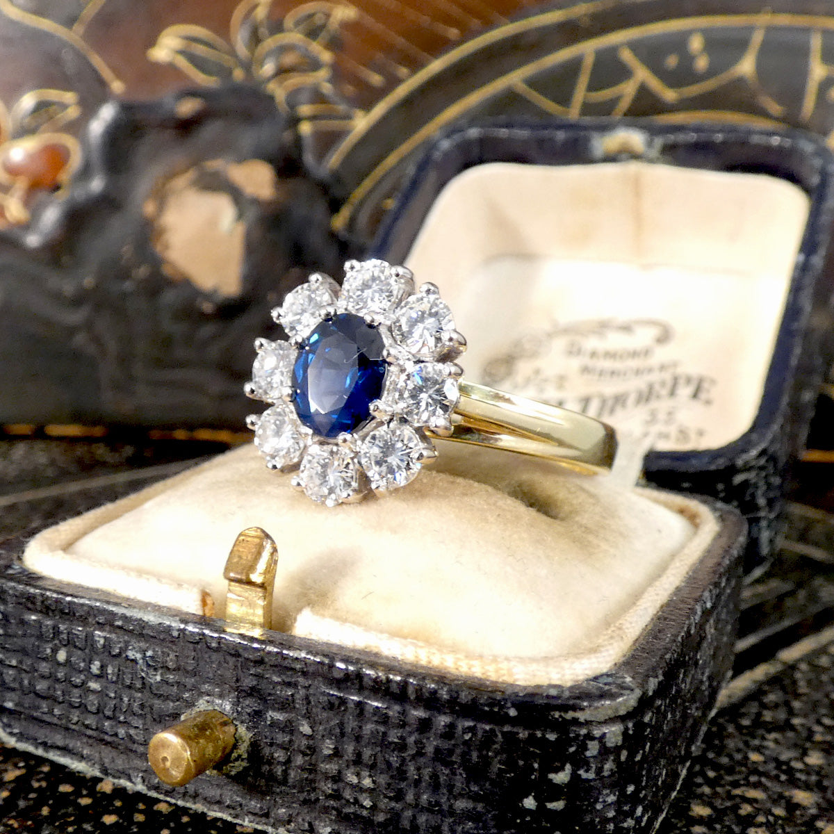 Sapphire and Diamond Oval Cluster Ring in 18ct Yellow and White Gold - Wharfedale Antiques