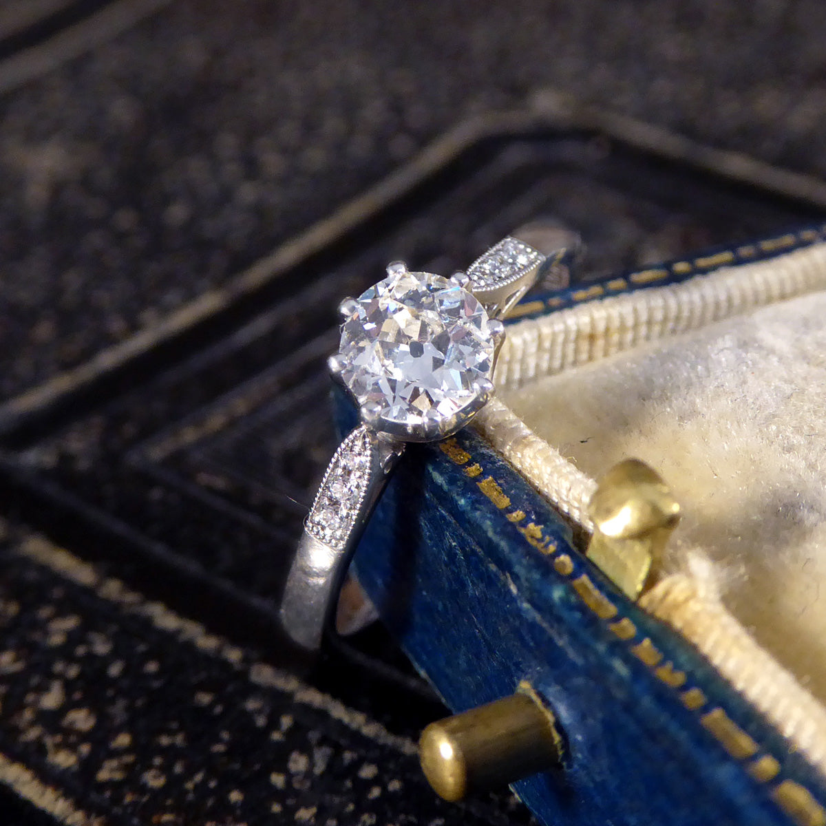 0.53ct Old Cut Diamond Solitaire with Diamond Shoulders in Platinum - Wharfedale Antiques