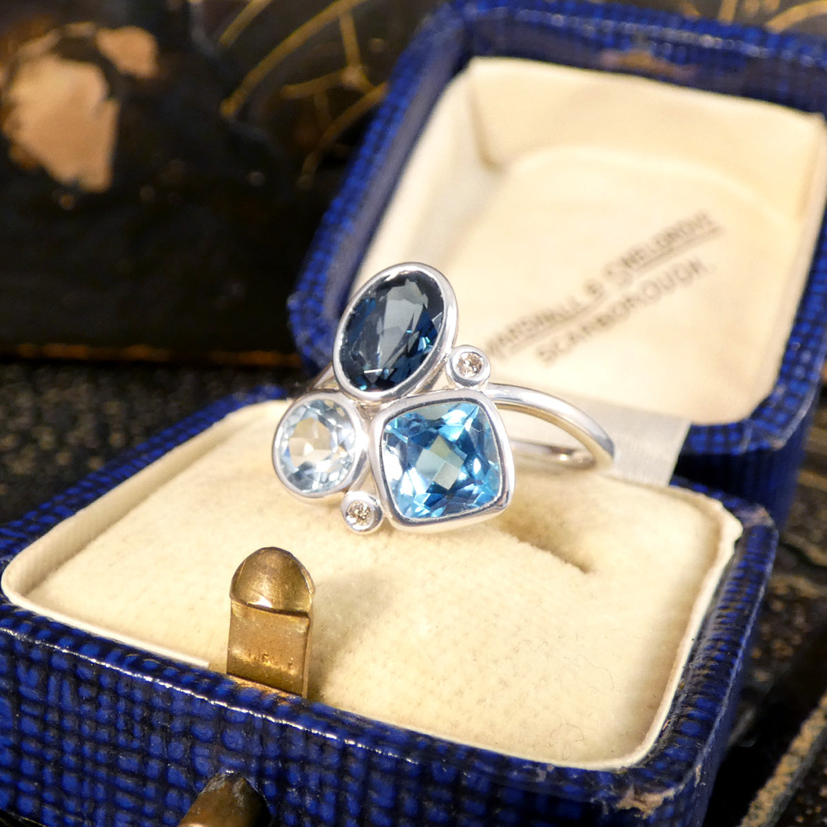 Trio of Blue Topaz and Diamond Cocktail Ring in White Gold - Wharfedale Antiques