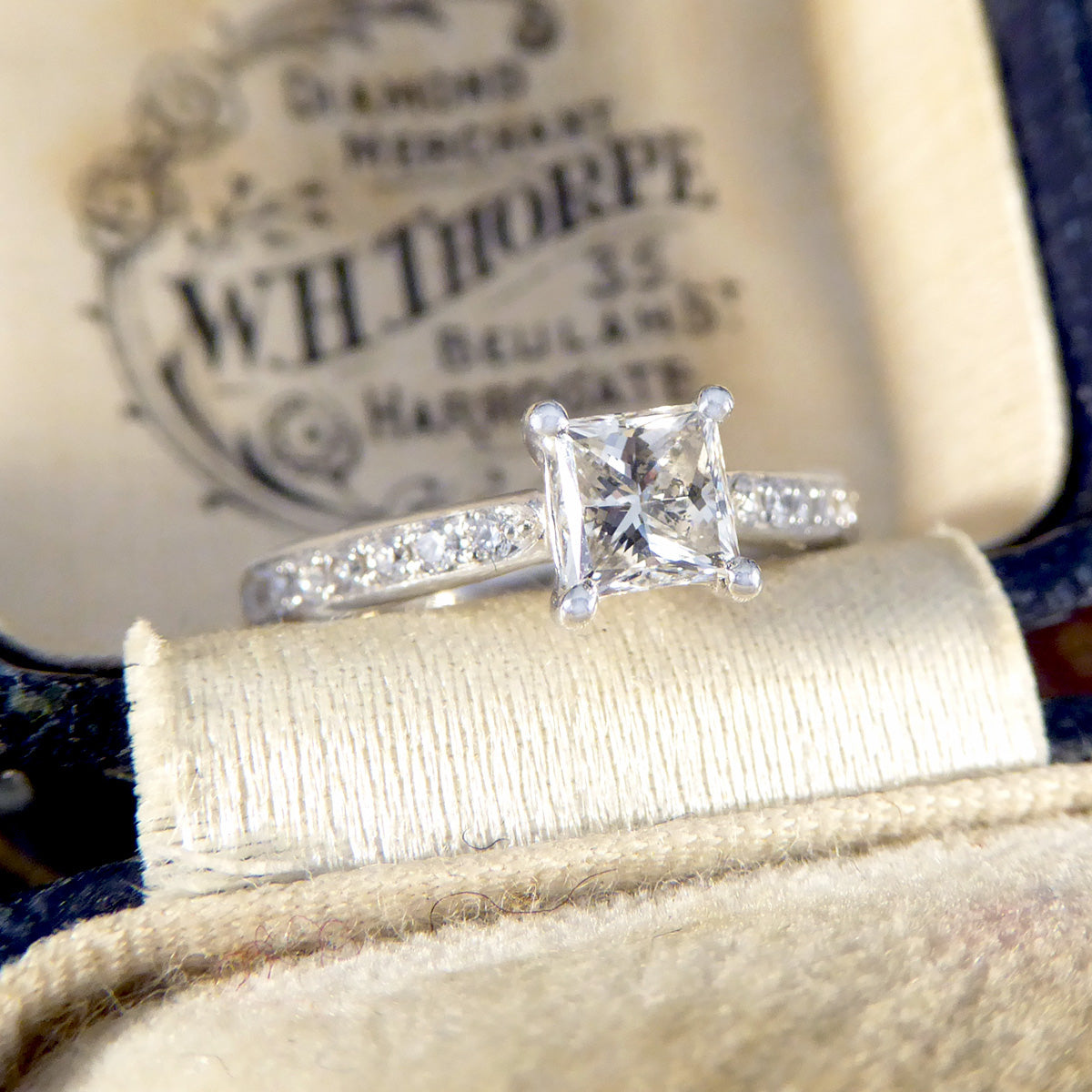 Princess Cut Diamond Engagement Ring with Diamond Set Shoulders in Platinum - Wharfedale Antiques