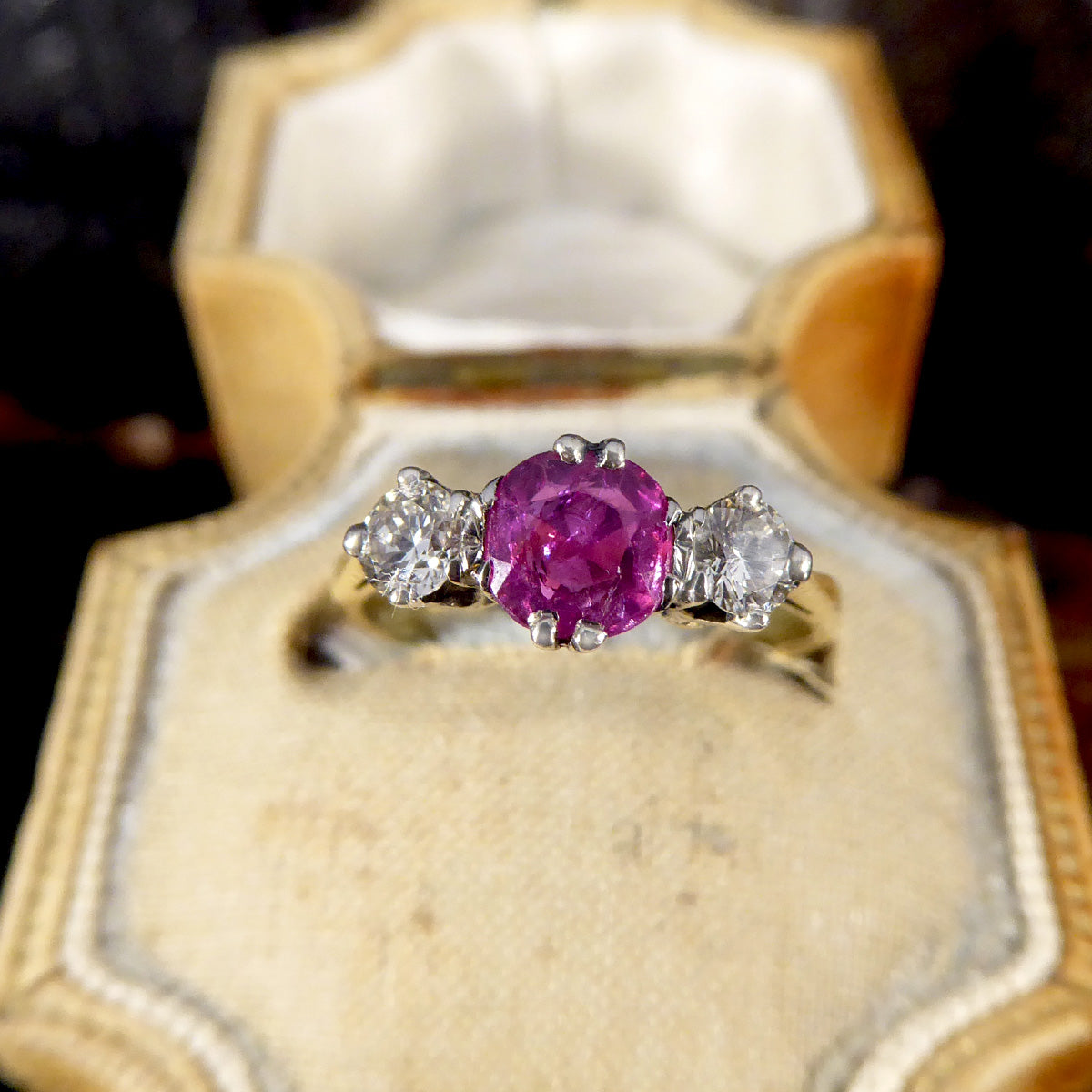 Early 20th Century Ruby and Diamond Three Stone Ring in 18ct Yellow Gold and Platinum - Wharfedale Antiques